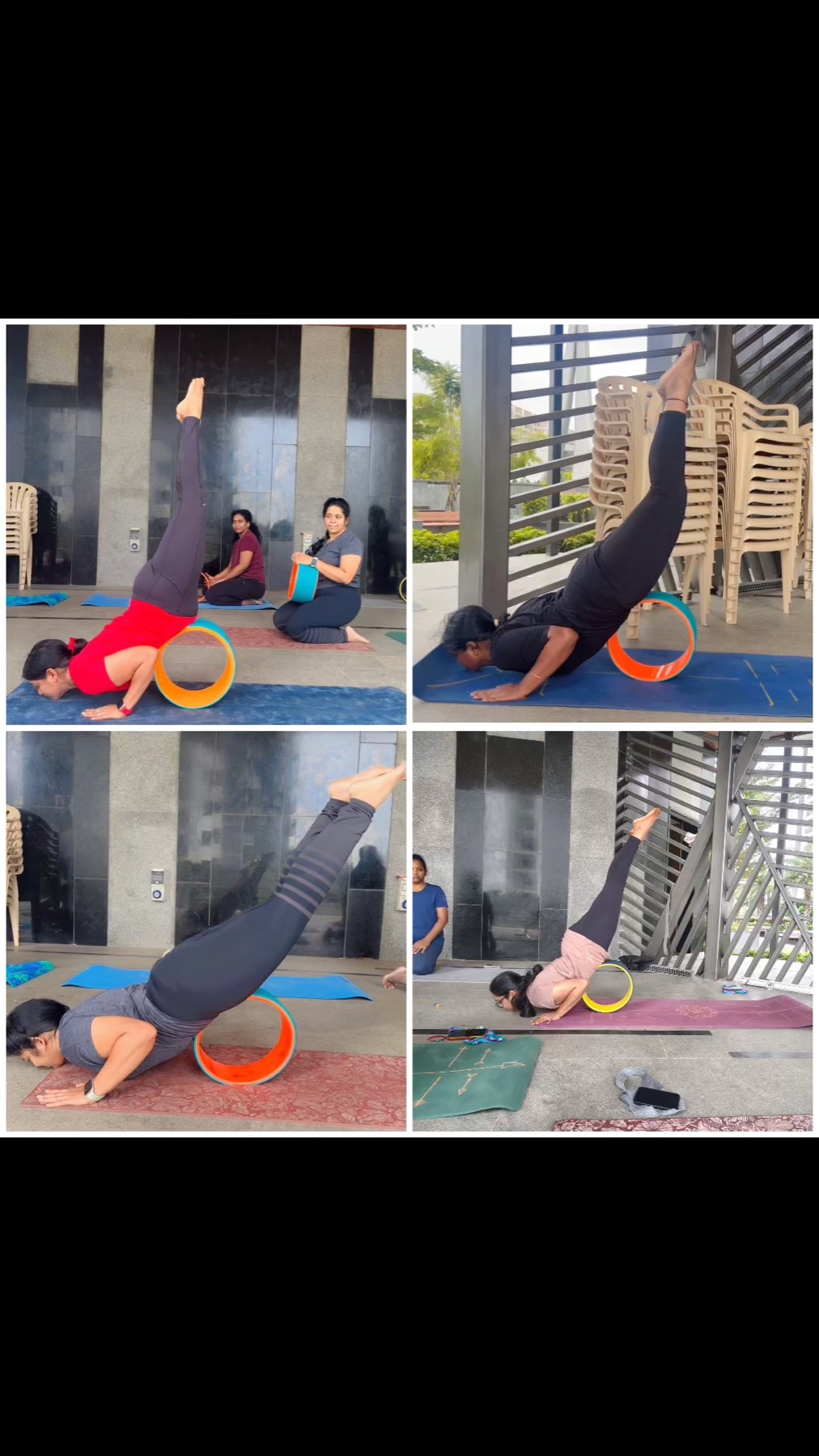 Students working through backbends on the yoga wheel